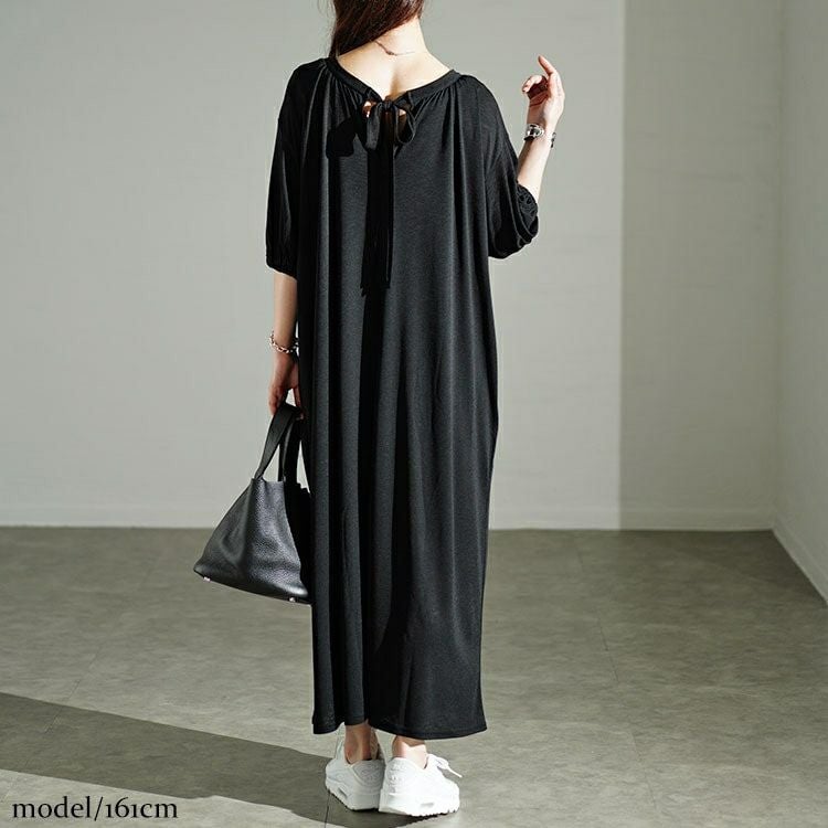 大きいサイズ レディース 前後2wayリボン＆ピンタックギャザーワンピース　u2-0092