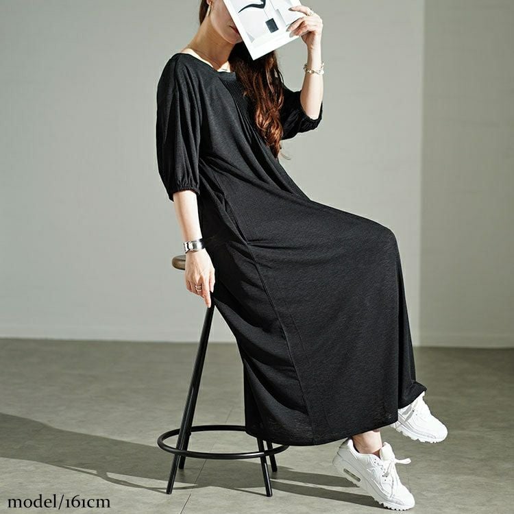 大きいサイズ レディース 前後2wayリボン＆ピンタックギャザーワンピース　u2-0092