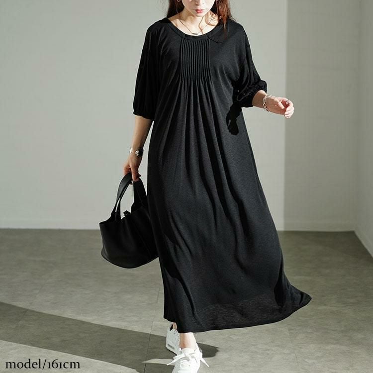 大きいサイズ レディース 前後2wayリボン＆ピンタックギャザーワンピース　u2-0092 ブラック