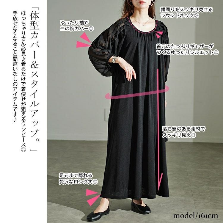 大きいサイズ レディース シアーボーダー切替えボリュームスリーブギャザーワンピース　u2-0089