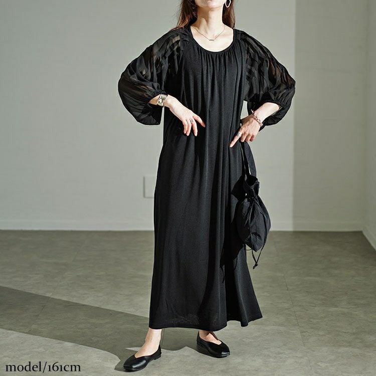 大きいサイズ レディース シアーボーダー切替えボリュームスリーブギャザーワンピース　u2-0089