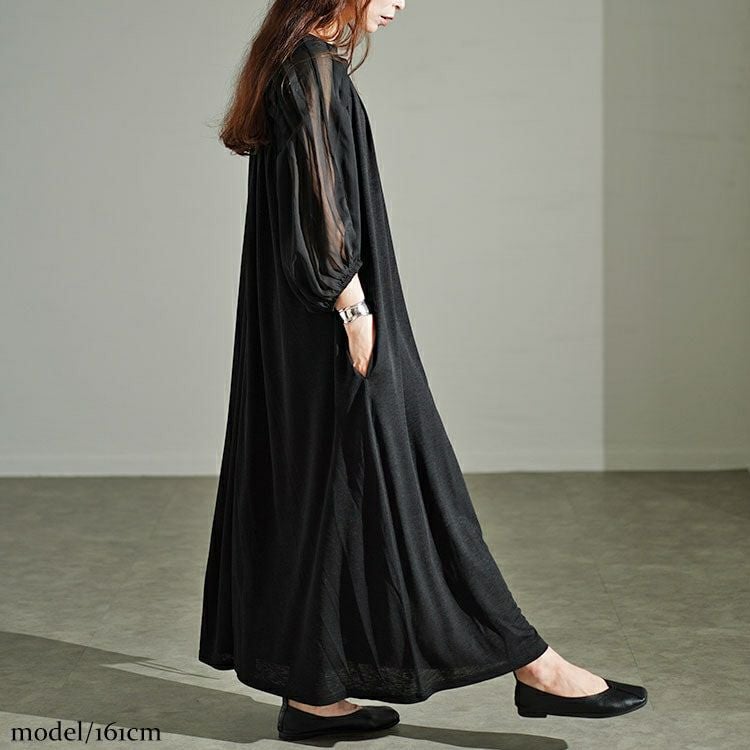 大きいサイズ レディース シアーボーダー切替えボリュームスリーブギャザーワンピース　u2-0089