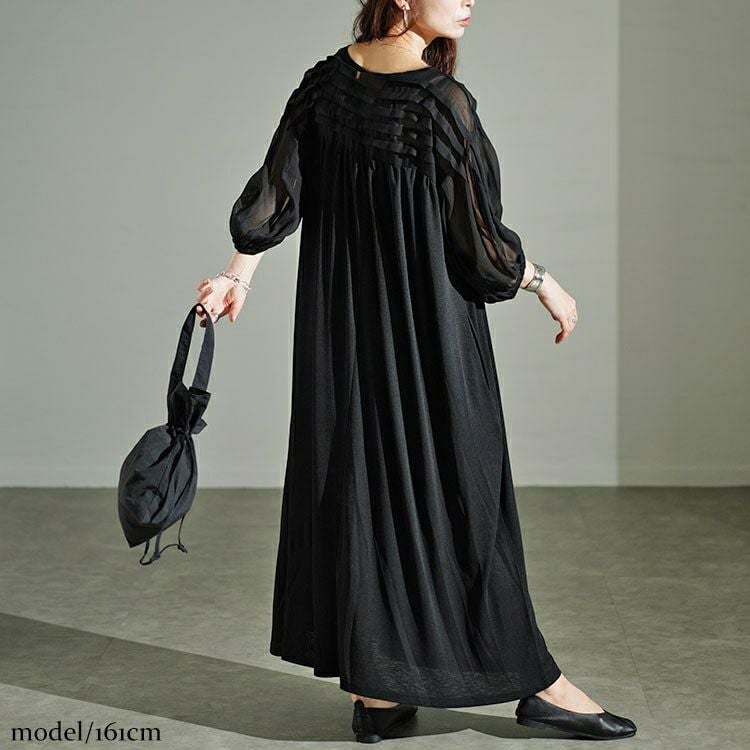 大きいサイズ レディース シアーボーダー切替えボリュームスリーブギャザーワンピース　u2-0089