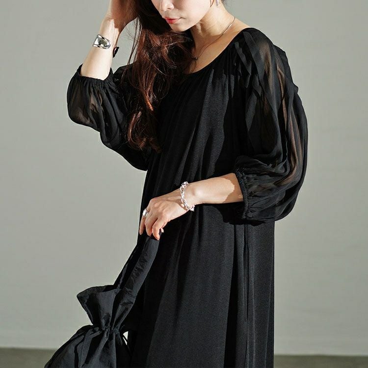 大きいサイズ レディース シアーボーダー切替えボリュームスリーブギャザーワンピース　u2-0089