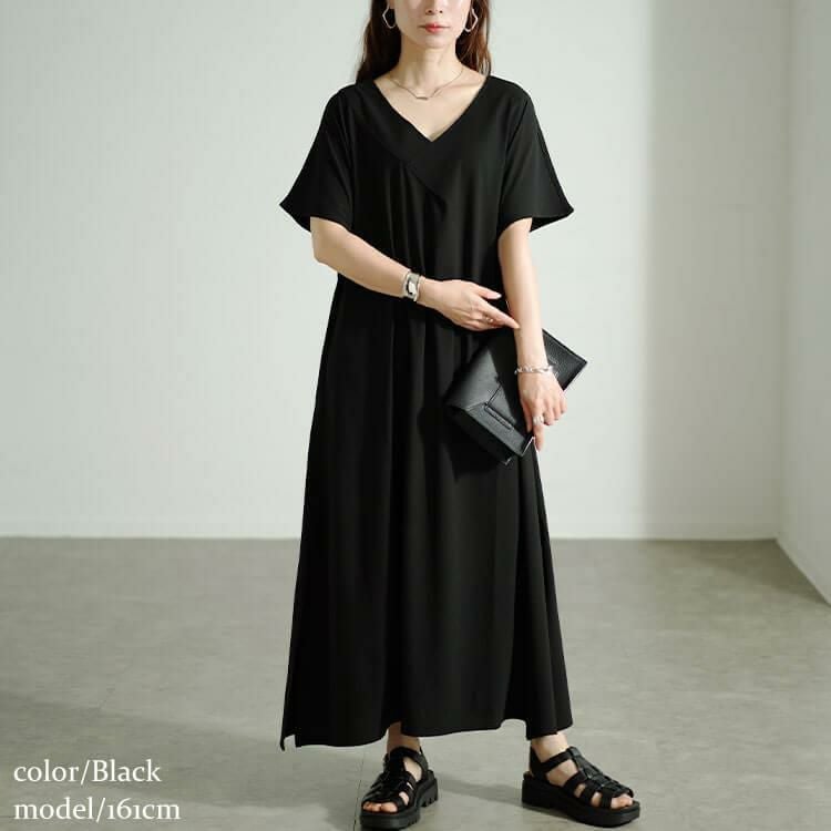 大きいサイズ レディース フレンチスリーブVネックワンピース　sw-0647 ブラック