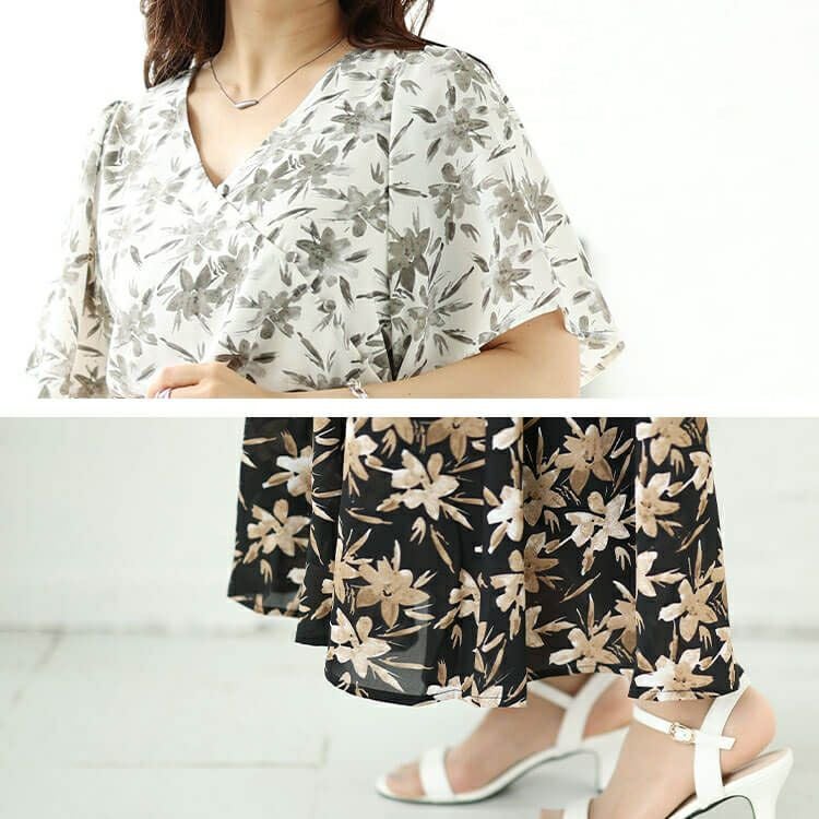 大きいサイズ レディース ボタニカルフラワー柄カシュクールワンピース　bro-0044