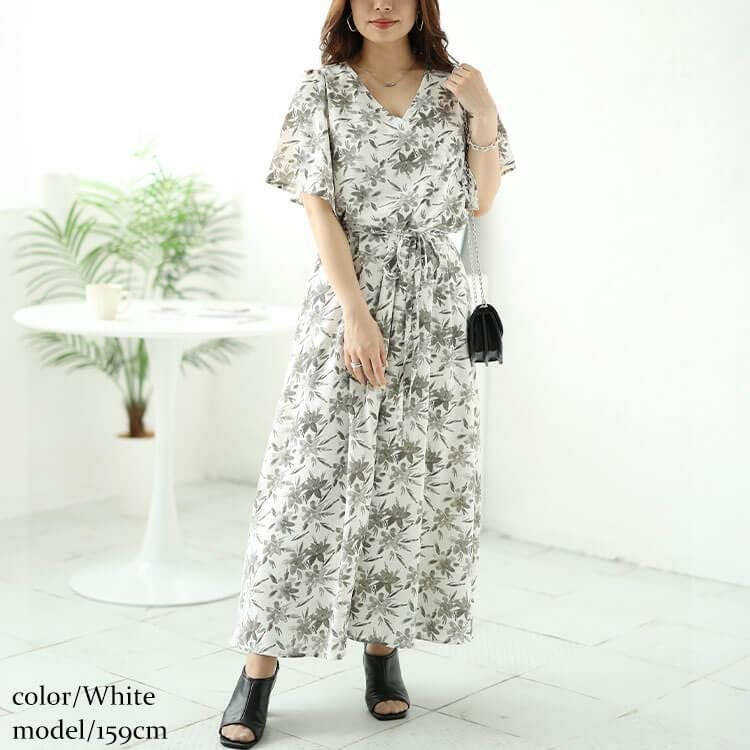 大きいサイズ レディース ボタニカルフラワー柄カシュクールワンピース　bro-0044 ホワイト