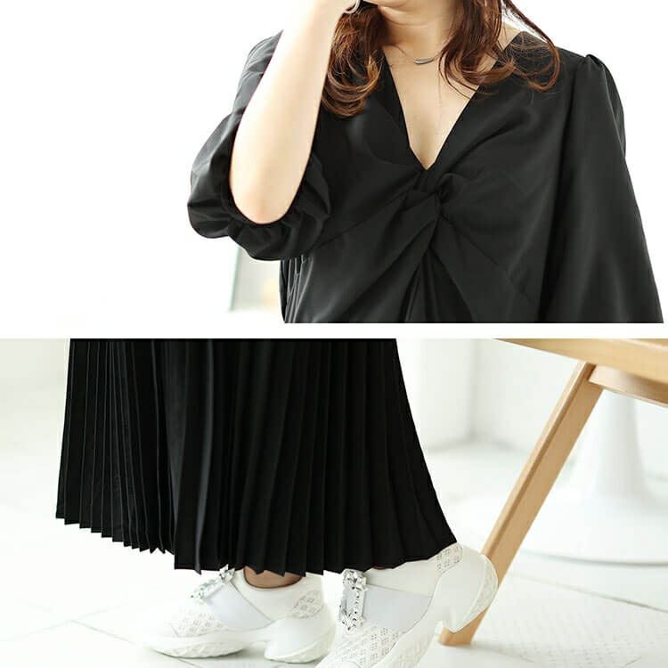 大きいサイズ レディース ツイストフロントプリーツ切替えパフスリーブワンピース　bro-0043