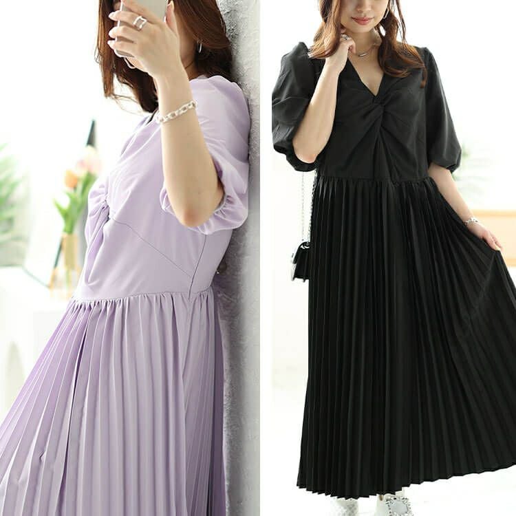 大きいサイズ レディース ツイストフロントプリーツ切替えパフスリーブワンピース　bro-0043