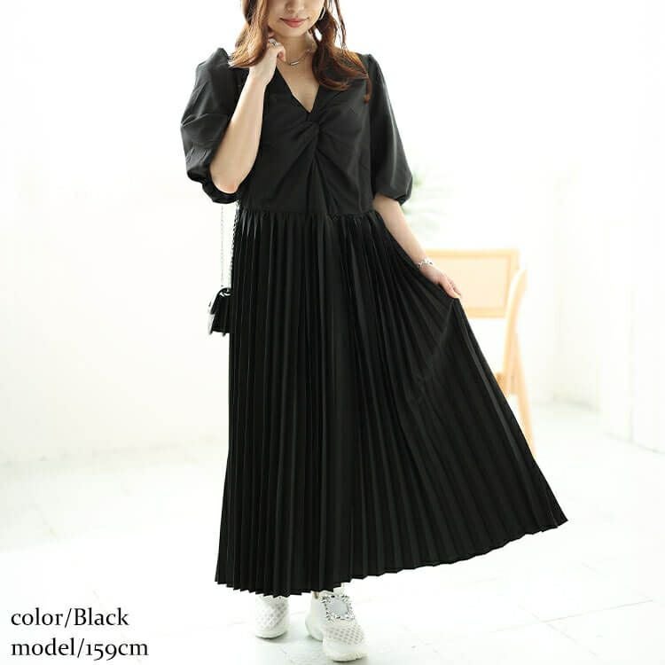 大きいサイズ レディース ツイストフロントプリーツ切替えパフスリーブワンピース　bro-0043
