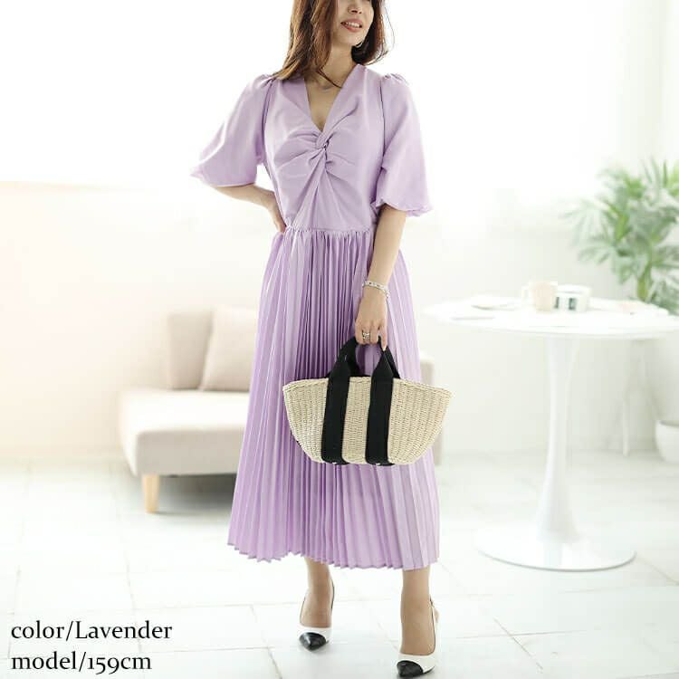 大きいサイズ レディース ツイストフロントプリーツ切替えパフスリーブワンピース　bro-0043