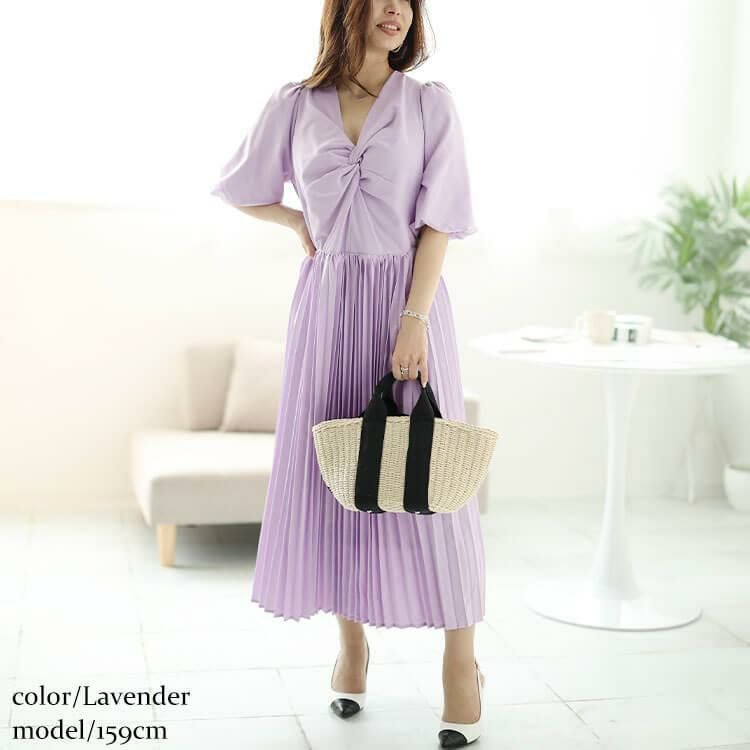 大きいサイズ レディース ツイストフロントプリーツ切替えパフスリーブワンピース　bro-0043 ラベンダー