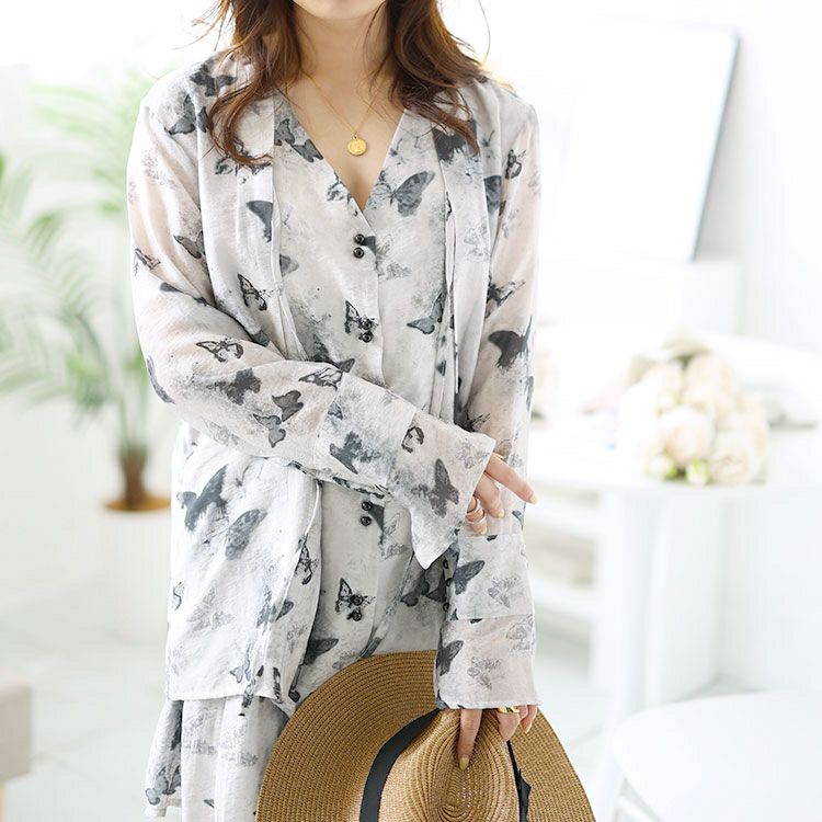 大きいサイズ レディース 蝶々柄シアートップス＆パンツ裏地スカートセット　goldy-1503 【メール便可】