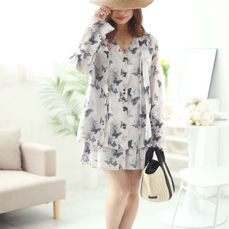 大きいサイズ レディース 蝶々柄シアートップス＆パンツ裏地スカートセット　goldy-1503 【メール便可】 ブラック