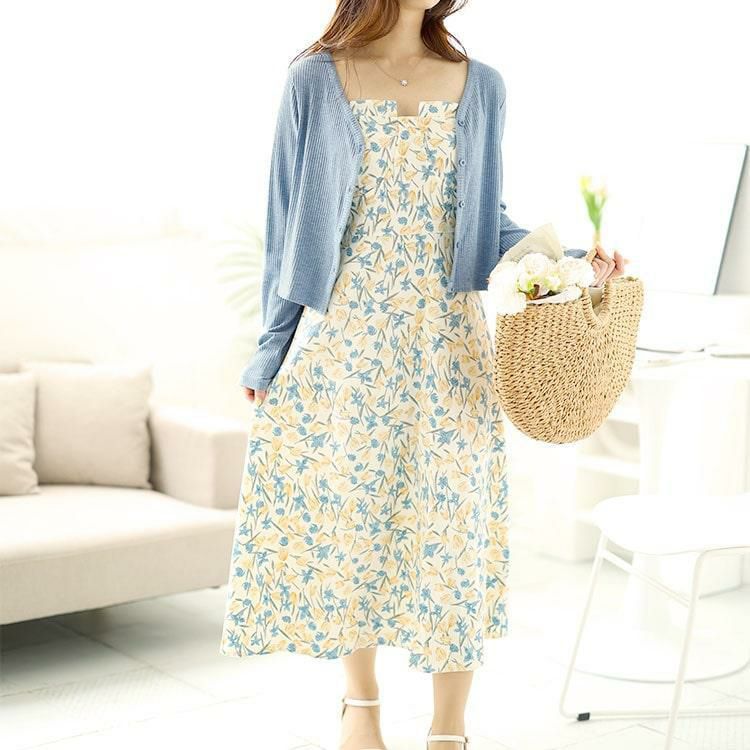 大きいサイズ レディース ラメリブカーディガン＆キャミソールワンピースセット　goldy-1501 ブルー