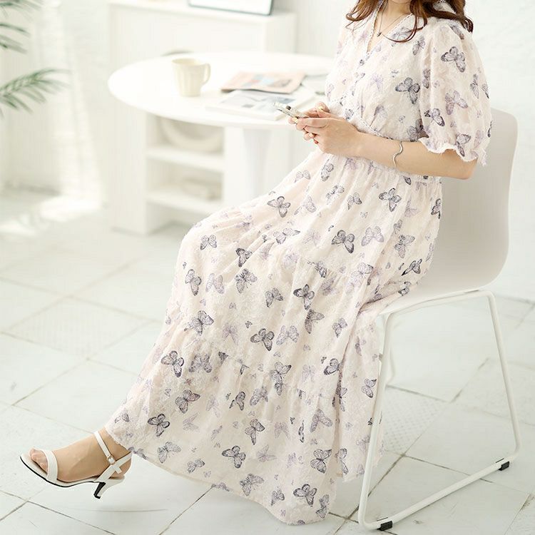 大きいサイズ レディース 蝶々柄ティアードワンピース　goldy-1498