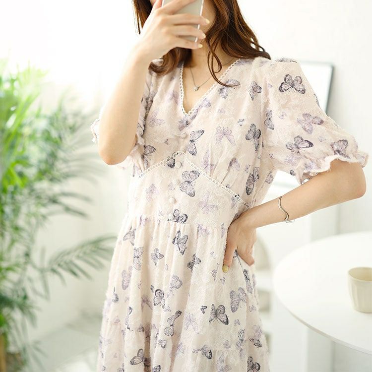 大きいサイズ レディース 蝶々柄ティアードワンピース　goldy-1498