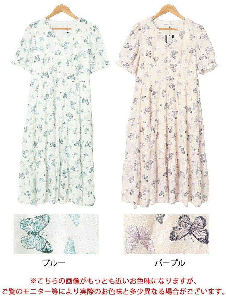 大きいサイズ レディース 蝶々柄ティアードワンピース　goldy-1498