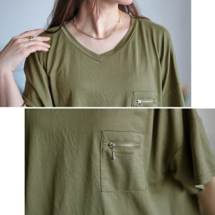 大きいサイズ レディース ひんやりジップポケット裾タックVネックTシャツ　plan-240090 【メール便可】