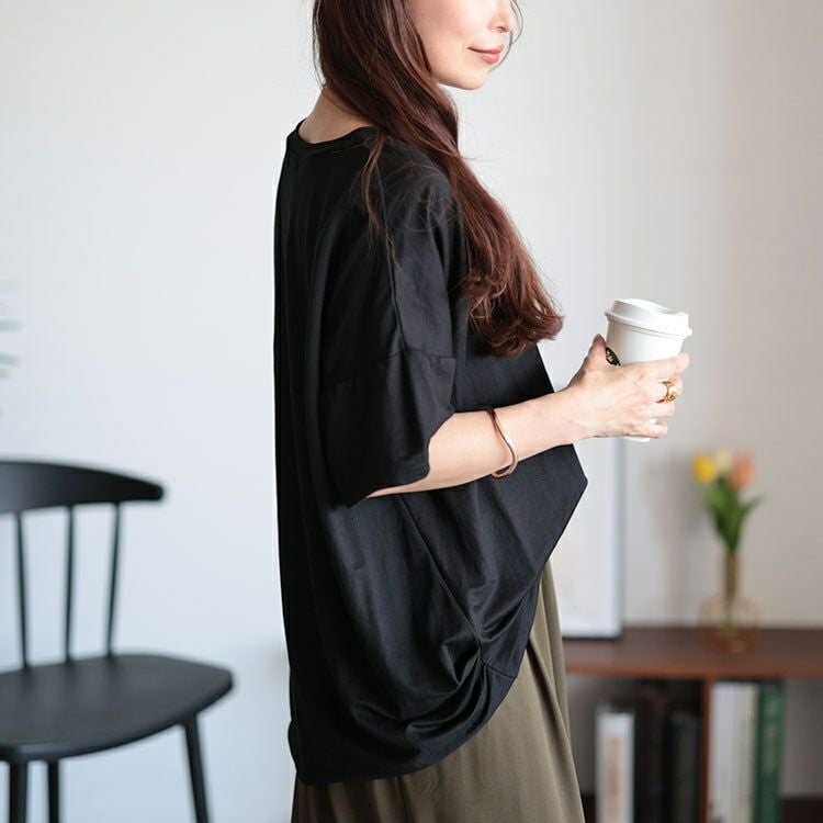 大きいサイズ レディース ひんやりジップポケット裾タックVネックTシャツ　plan-240090 【メール便可】