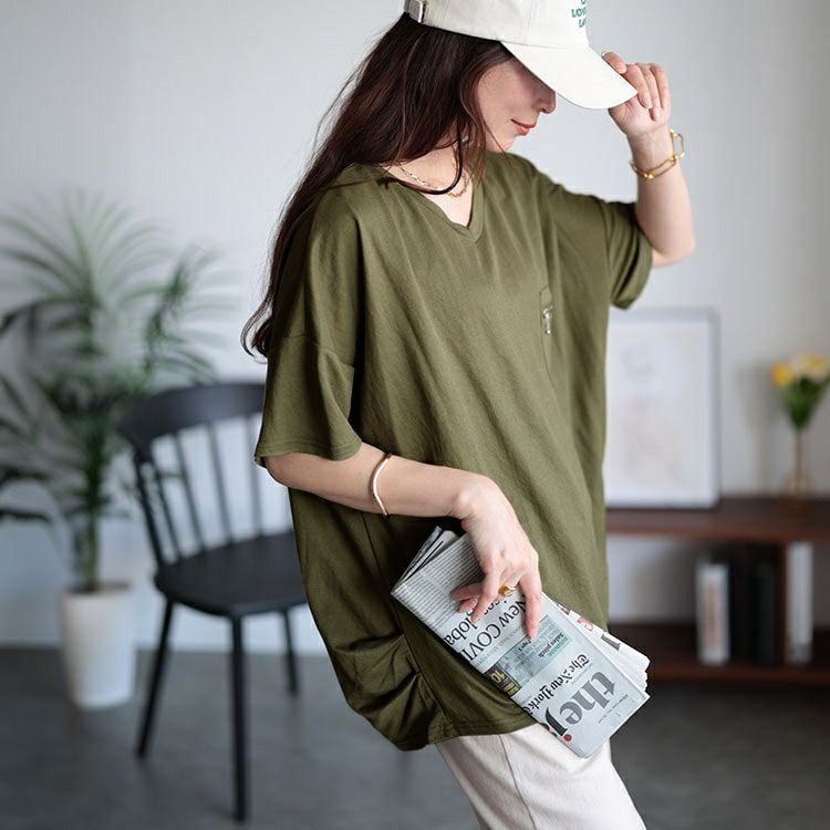 大きいサイズ レディース ひんやりジップポケット裾タックVネックTシャツ　plan-240090 【メール便可】