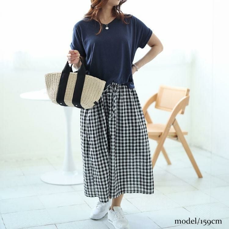 大きいサイズ レディース ギンガムチェックドッキングワンピース　plan-240084 ネイビー