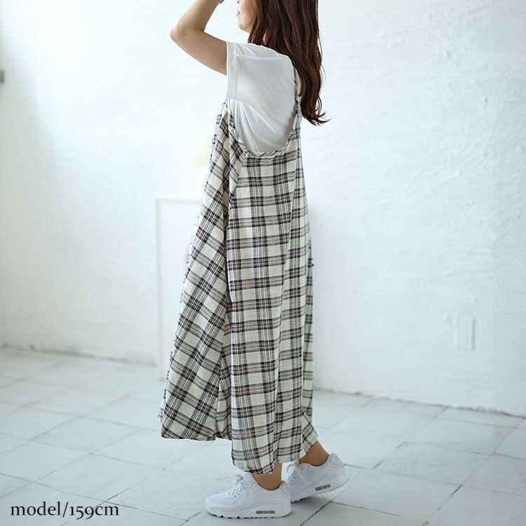 大きいサイズ レディース ラウンドネックTシャツ＆チェックキャミワンピース2点セット　plan-240081