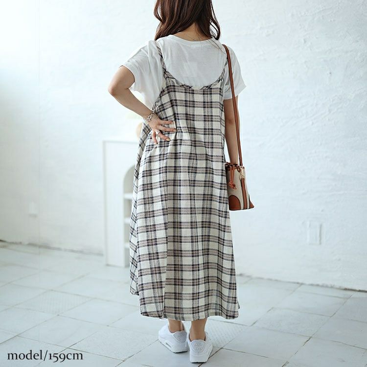 大きいサイズ レディース ラウンドネックTシャツ＆チェックキャミワンピース2点セット　plan-240081