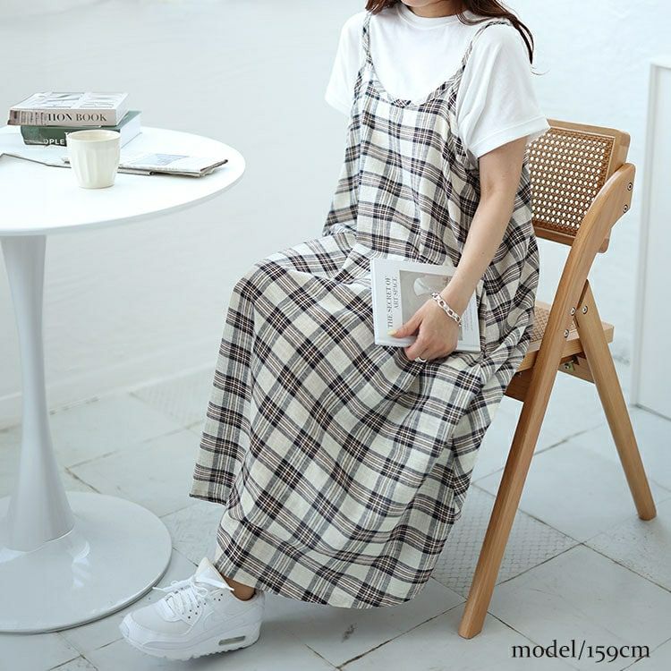 大きいサイズ レディース ラウンドネックTシャツ＆チェックキャミワンピース2点セット　plan-240081