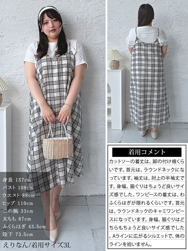 大きいサイズ レディース ラウンドネックTシャツ＆チェックキャミワンピース2点セット　plan-240081