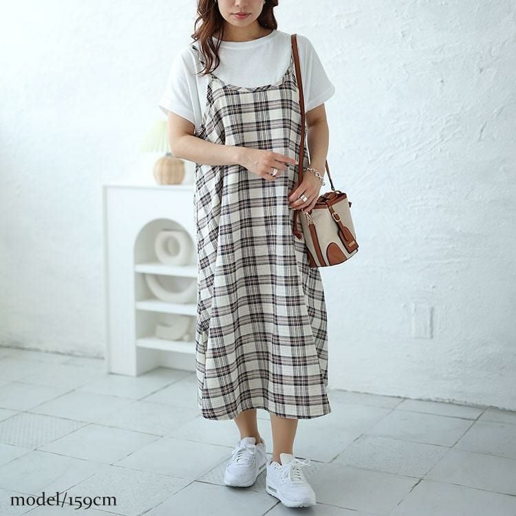 大きいサイズ レディース ラウンドネックTシャツ＆チェックキャミワンピース2点セット　plan-240081 ホワイト