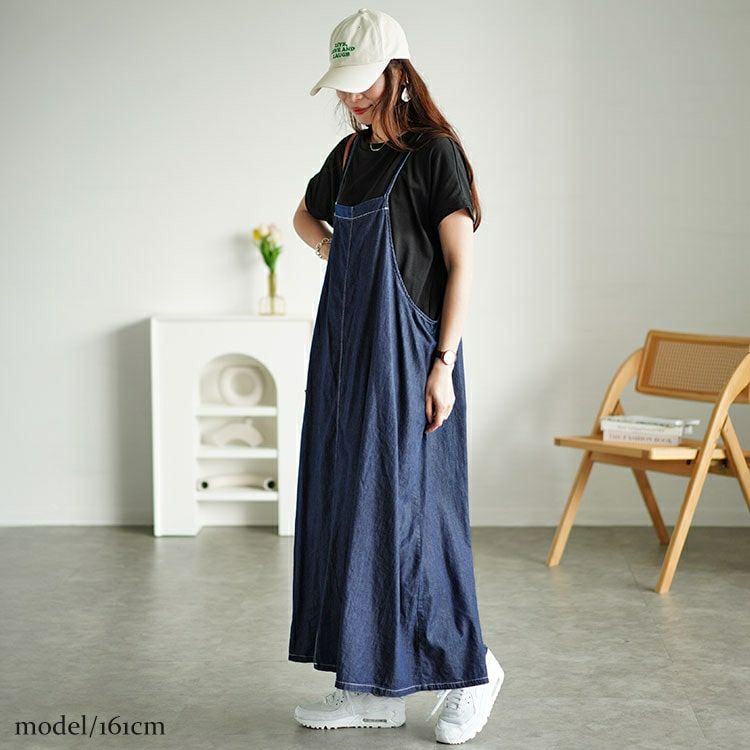 大きいサイズ レディース ラウンドネックTシャツ＆デニムキャミワンピ2点セット　plan-240080