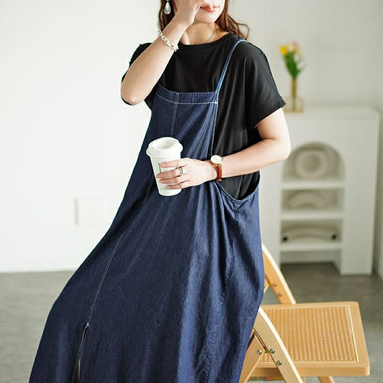 大きいサイズ レディース ラウンドネックTシャツ＆デニムキャミワンピ2点セット　plan-240080