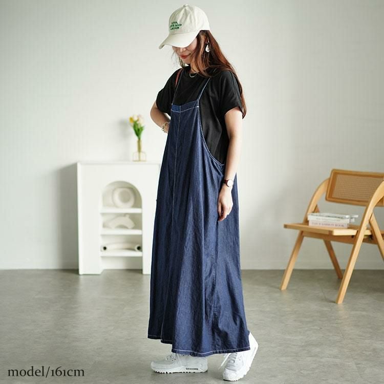 大きいサイズ レディース ラウンドネックTシャツ＆デニムキャミワンピ2点セット　plan-240080 ネイビー×ブラック