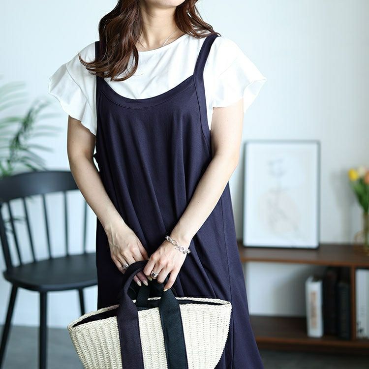 大きいサイズ レディース フリル袖Tシャツ＆キャミワンピース2点セット　plan-240062