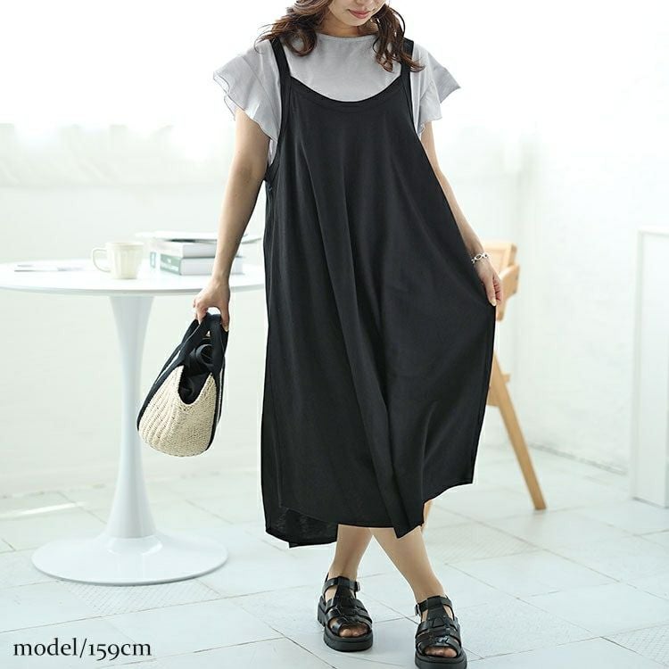 大きいサイズ レディース フリル袖Tシャツ＆キャミワンピース2点セット　plan-240062