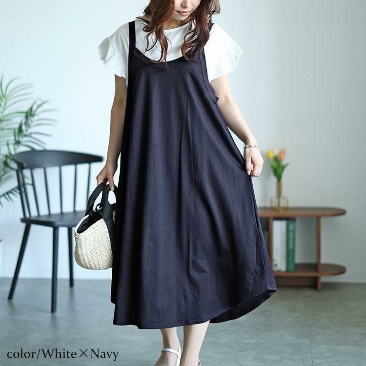 大きいサイズ レディース フリル袖Tシャツ＆キャミワンピース2点セット　plan-240062 ホワイト×ネイビー