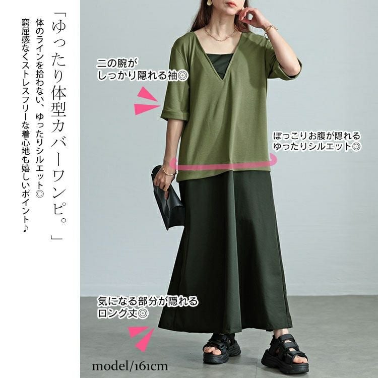 大きいサイズ レディース Vネック異素材ドッキングワンピース　maru-30005