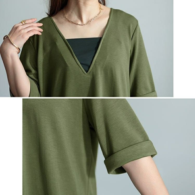 大きいサイズ レディース Vネック異素材ドッキングワンピース　maru-30005