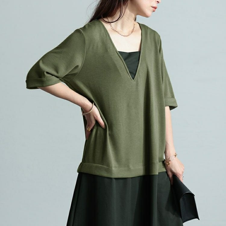 大きいサイズ レディース Vネック異素材ドッキングワンピース　maru-30005