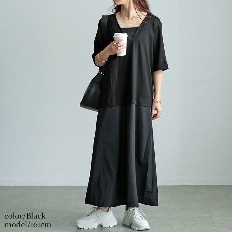大きいサイズ レディース Vネック異素材ドッキングワンピース　maru-30005 ブラック