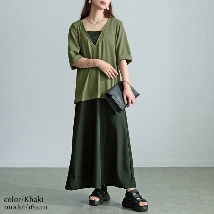 大きいサイズ レディース Vネック異素材ドッキングワンピース　maru-30005 カーキ