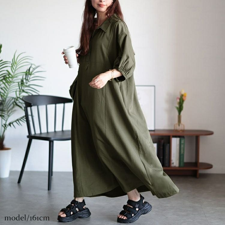 大きいサイズ レディース バルーンスリーブスキッパーシャツワンピース　maru-30046