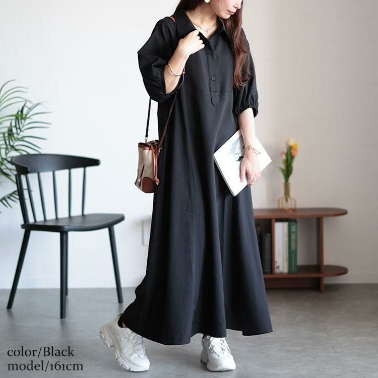 大きいサイズ レディース バルーンスリーブスキッパーシャツワンピース　maru-30046 ブラック