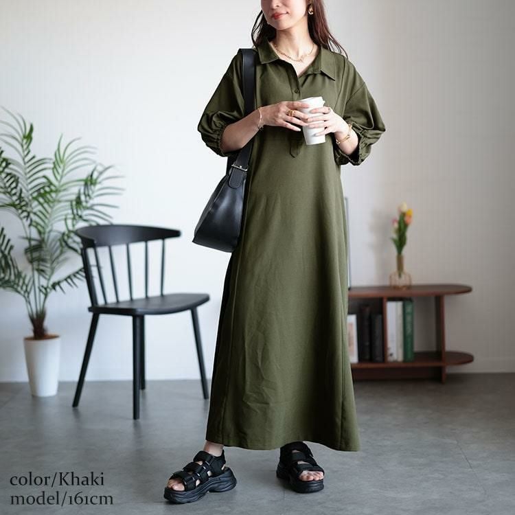 大きいサイズ レディース バルーンスリーブスキッパーシャツワンピース　maru-30046 カーキ