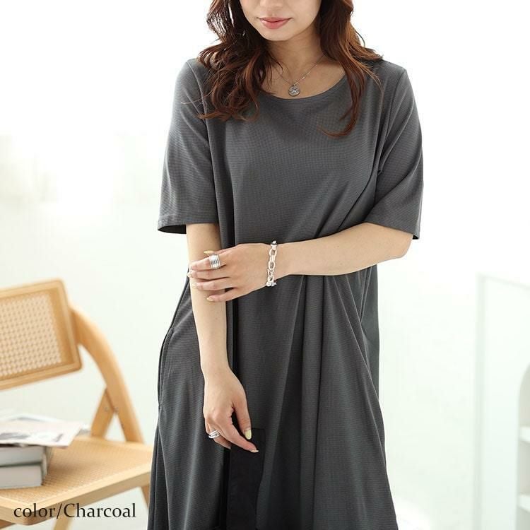 大きいサイズ レディース バックロゴマーメイドワッフルワンピース　maru-30048 チャコール