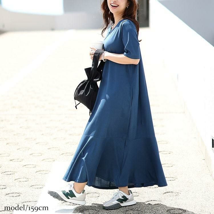 大きいサイズ レディース バックロゴマーメイドワッフルワンピース　maru-30048 ブルー