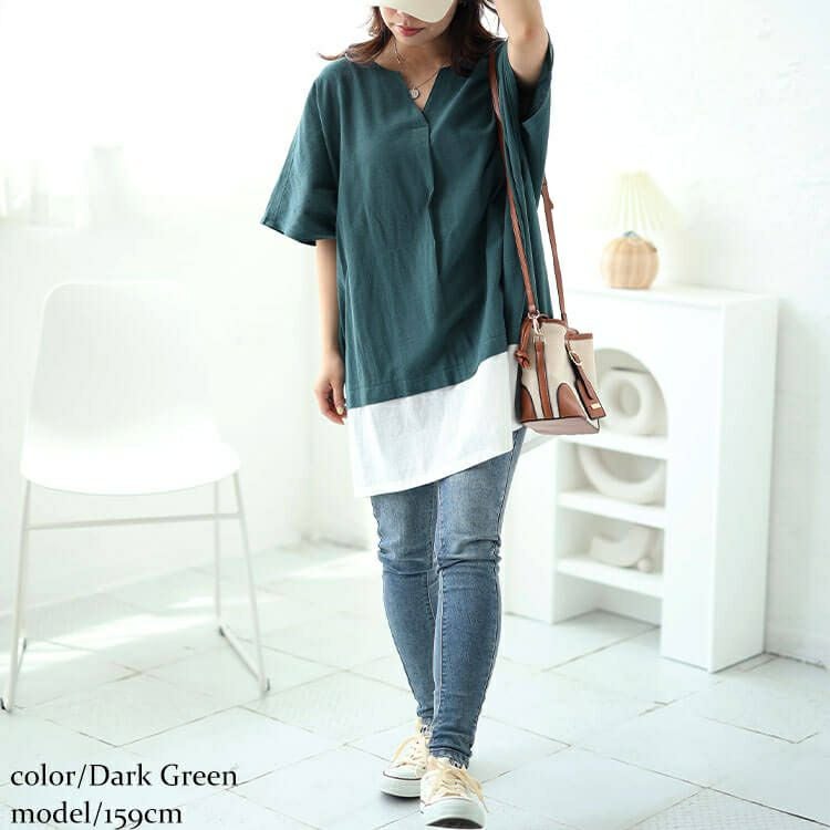 大きいサイズ レディース フェイクレイヤードキーネックドルマンチュニック　maru-30044