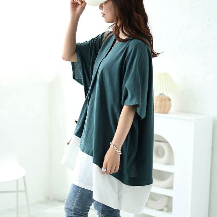 大きいサイズ レディース フェイクレイヤードキーネックドルマンチュニック　maru-30044