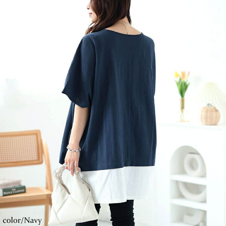 大きいサイズ レディース フェイクレイヤードキーネックドルマンチュニック　maru-30044